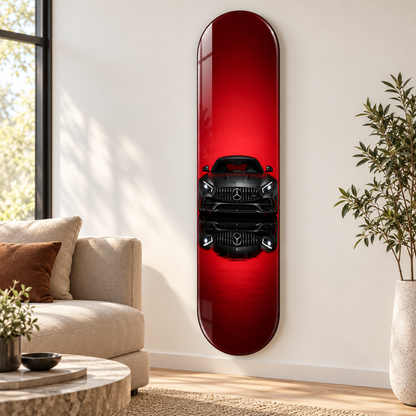 Kırmızı Zeminde Siyah Spor Otomobil Dikey Skate Board Cam Tablo – Salon