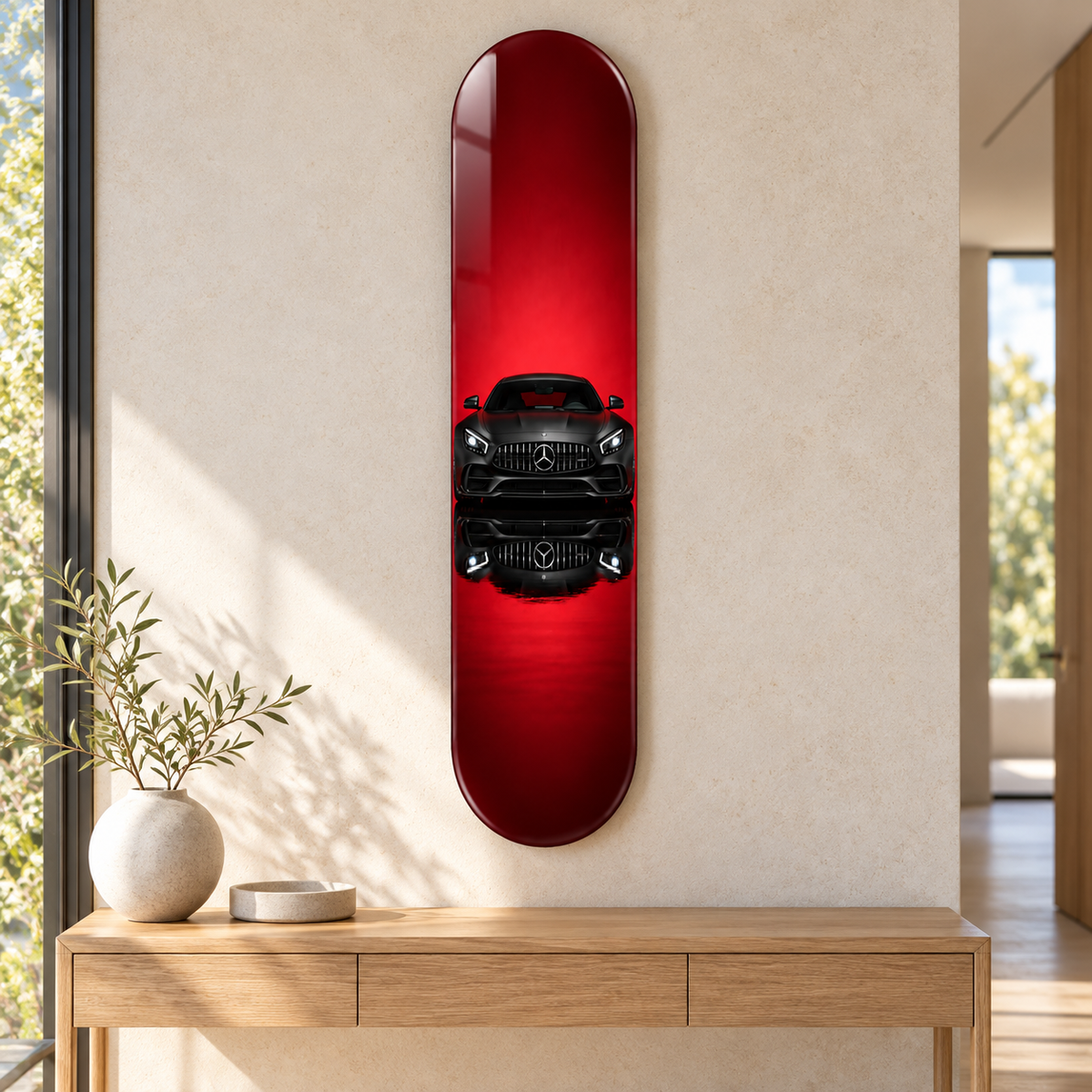 Kırmızı Zeminde Siyah Spor Otomobil Dikey Skate Board Cam Tablo – Konsol