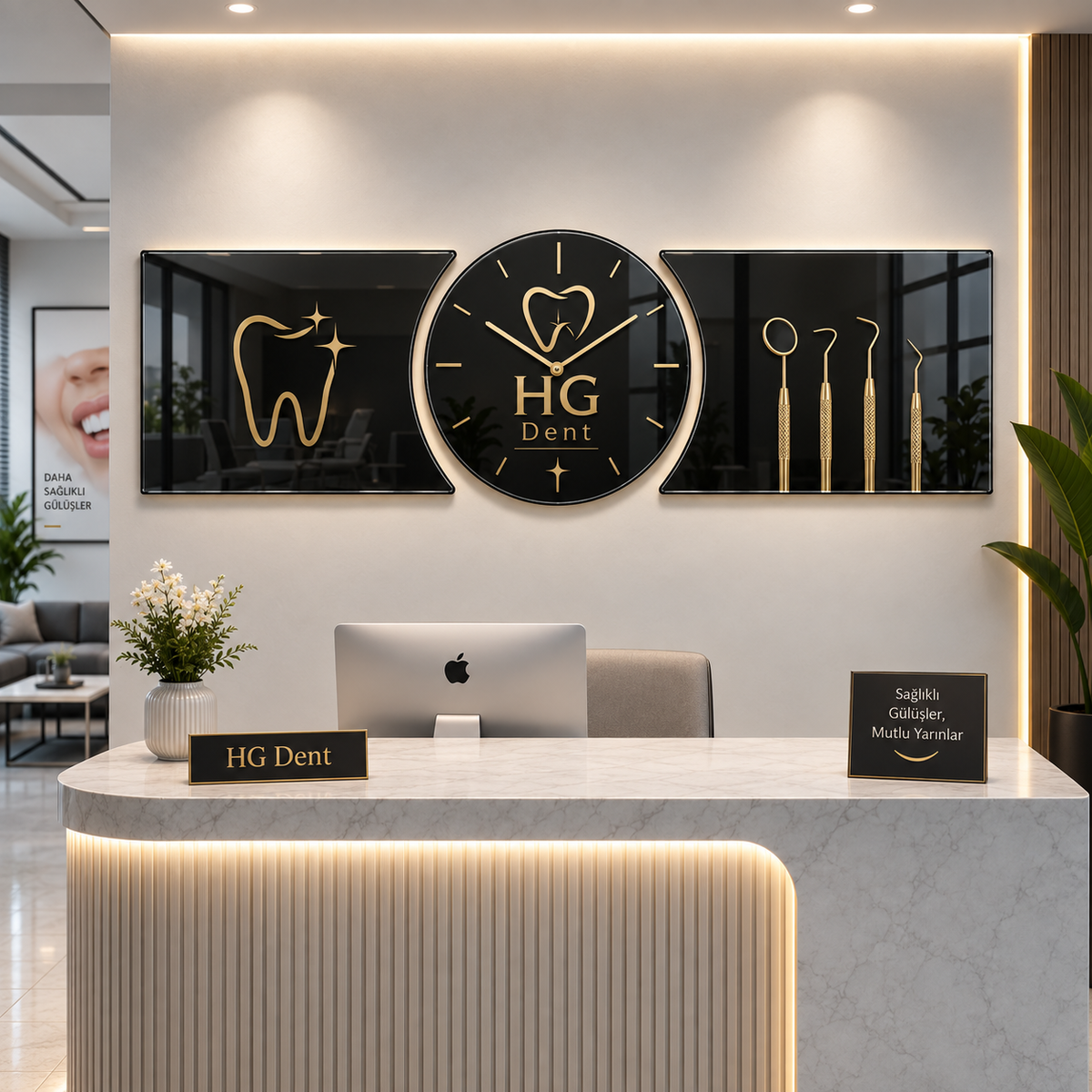 HG Dent diş kliniği için logolu kişiye özel cam saat ve şekilli kesim yan tablo seti örneği