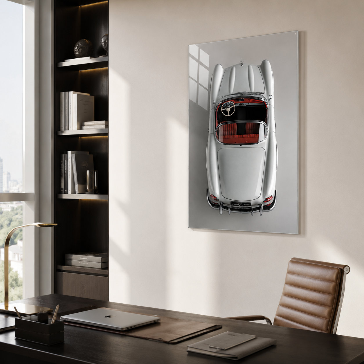 Klasik cabrio otomobil dikey cam tablo modern ofis mockup