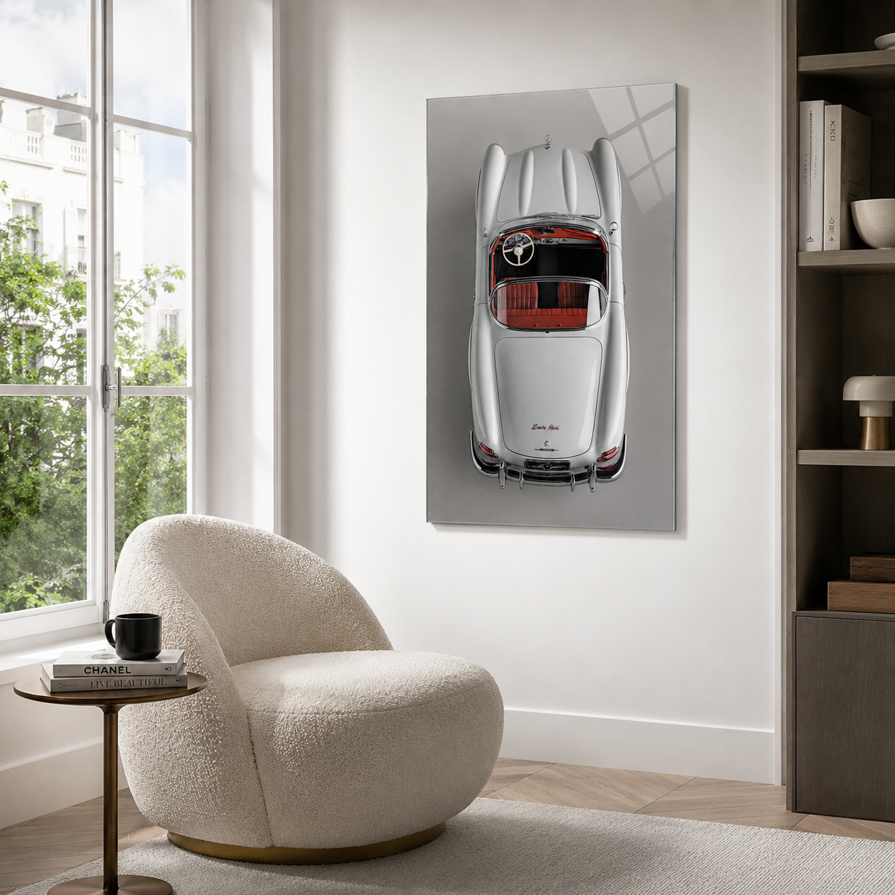 Klasik cabrio otomobil dikey cam tablo İskandinav okuma köşesi mockup
