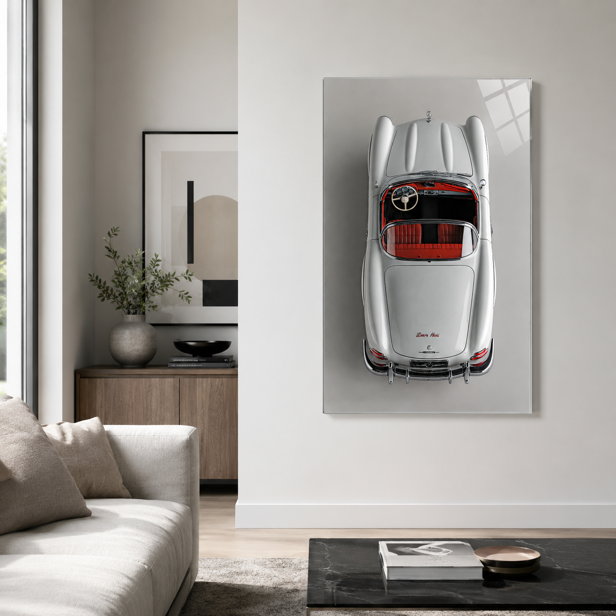 Klasik cabrio otomobil dikey cam tablo modern salon mockup