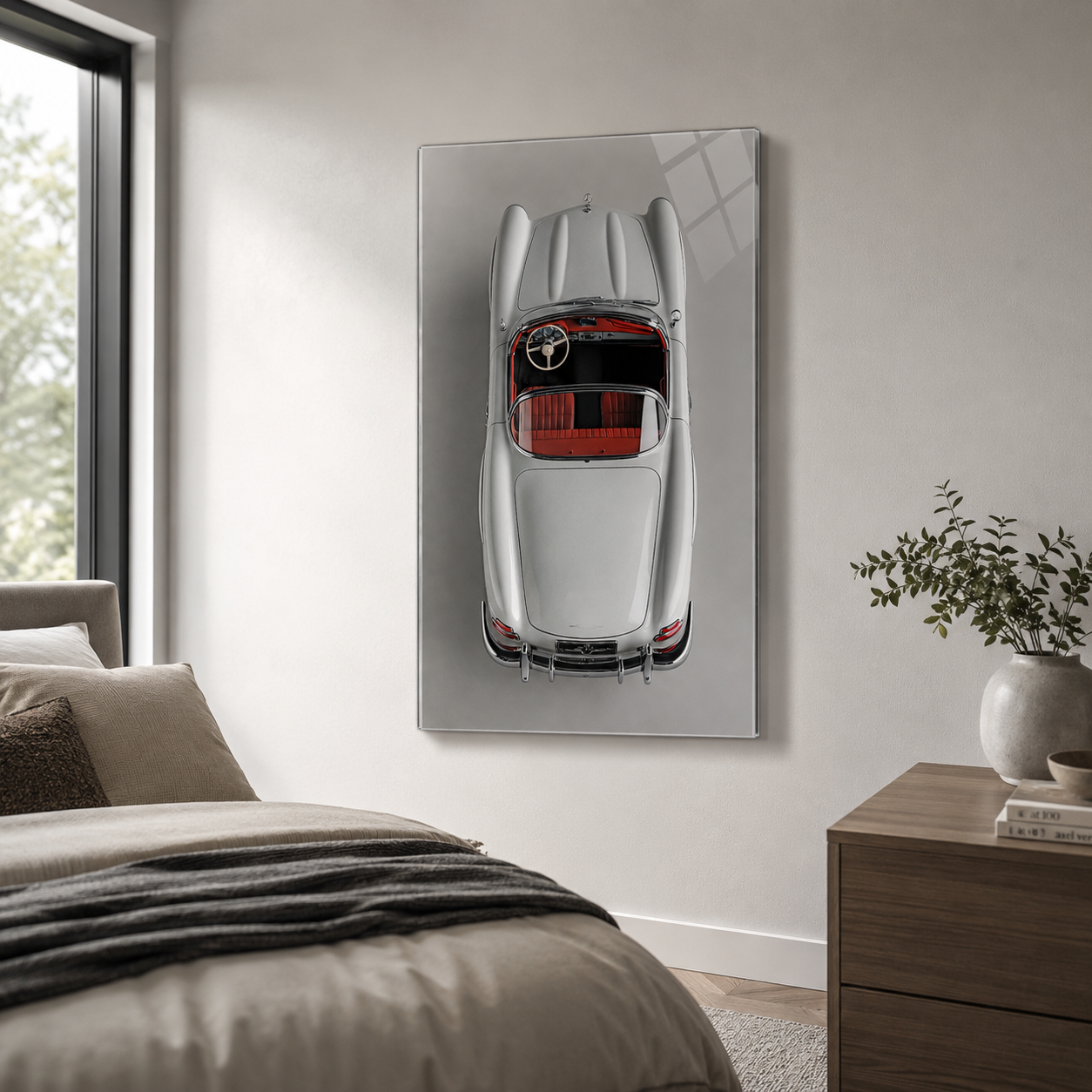 Klasik cabrio otomobil dikey cam tablo modern yatak odası mockup