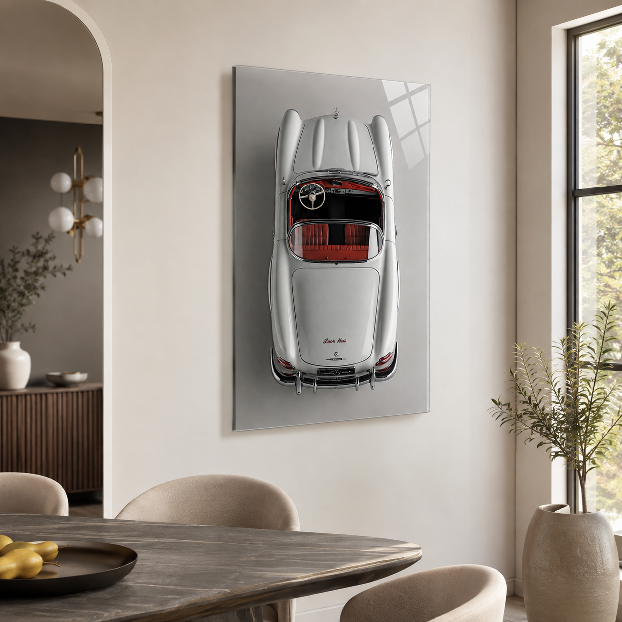 Klasik cabrio otomobil dikey cam tablo modern yemek alanı mockup