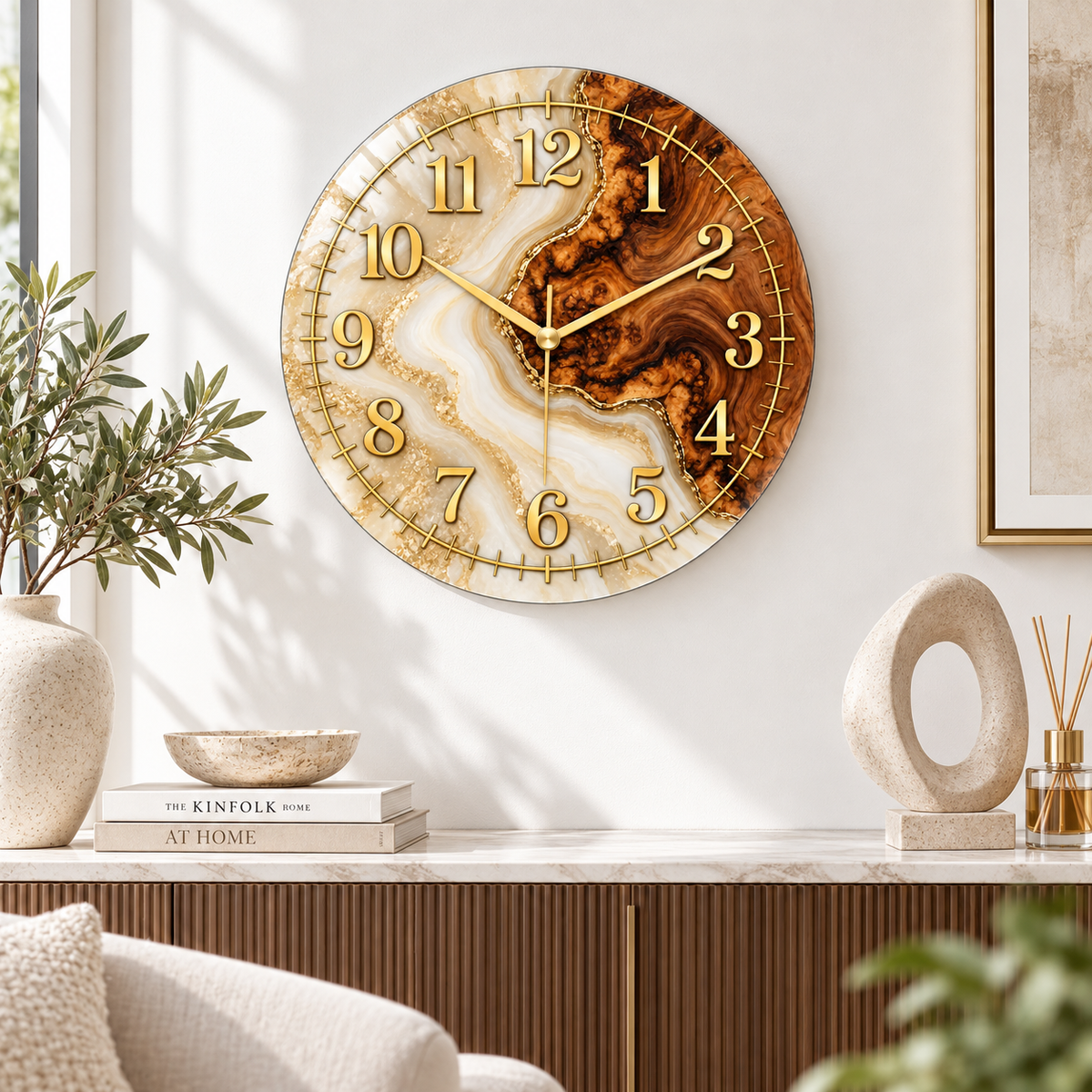 Krem ve ahşap görünümlü gold cam saatin aydınlık salonda duvara asılı görünümü