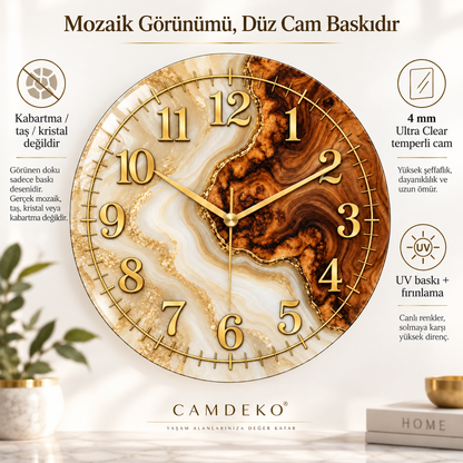 Dekoratif taş, epoksi ve ahşap görünümü düz cam baskıdır; 4 mm Ultra Clear temperli cama UV baskı uygulanır ve ardından fırınlanır