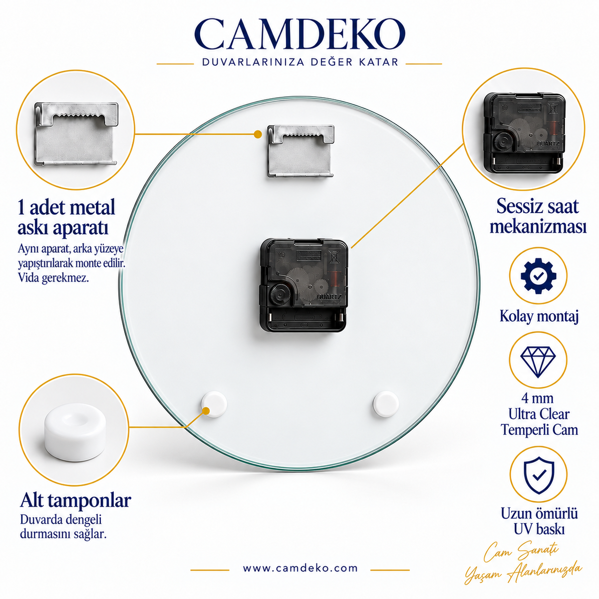 CAMDEKO standart saat arka detayı: yapıştırmalı metal askı aparatı, sessiz saat mekanizması ve iki beyaz denge tamponu
