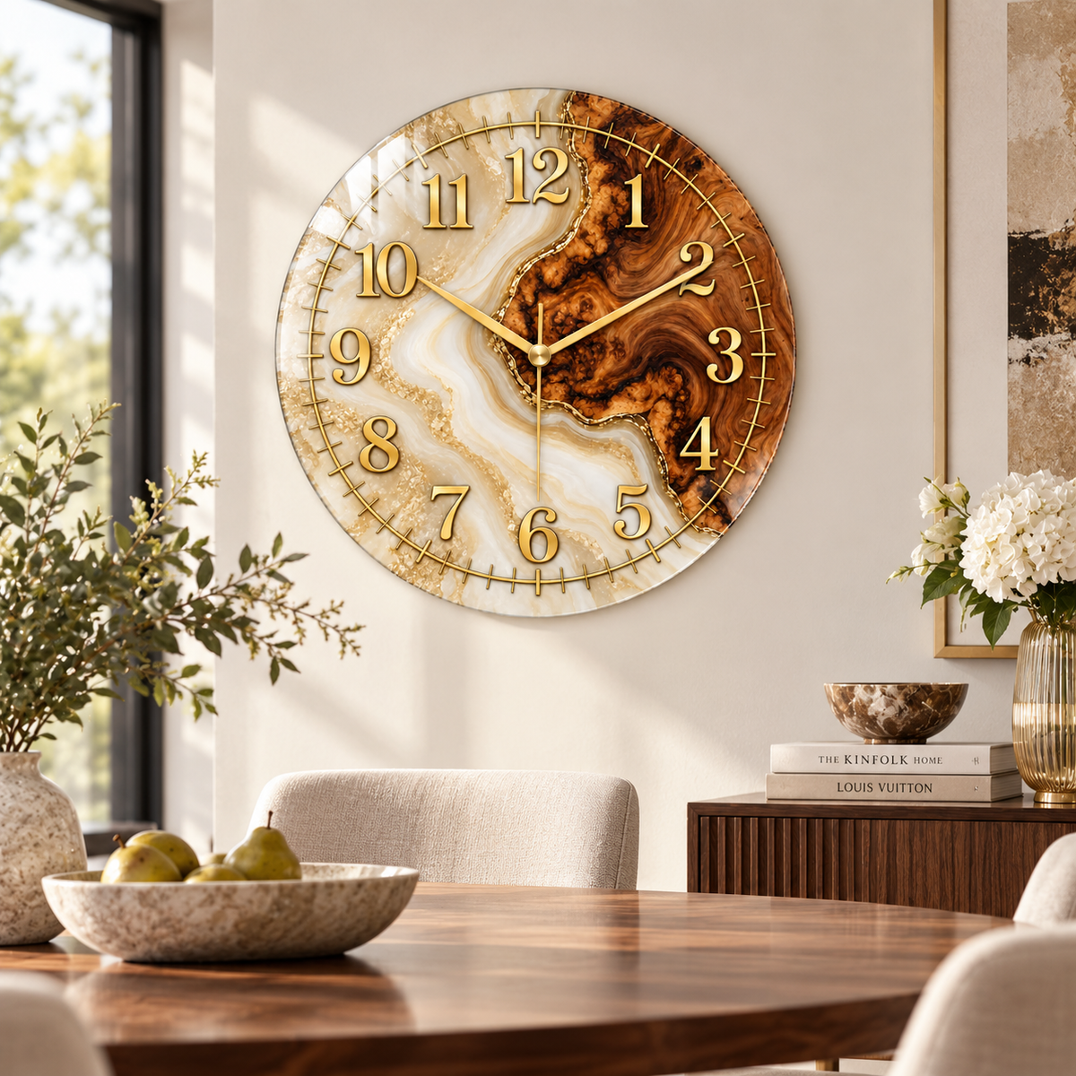 Krem ve ahşap görünümlü gold cam duvar saatinin modern yemek odasında görünümü