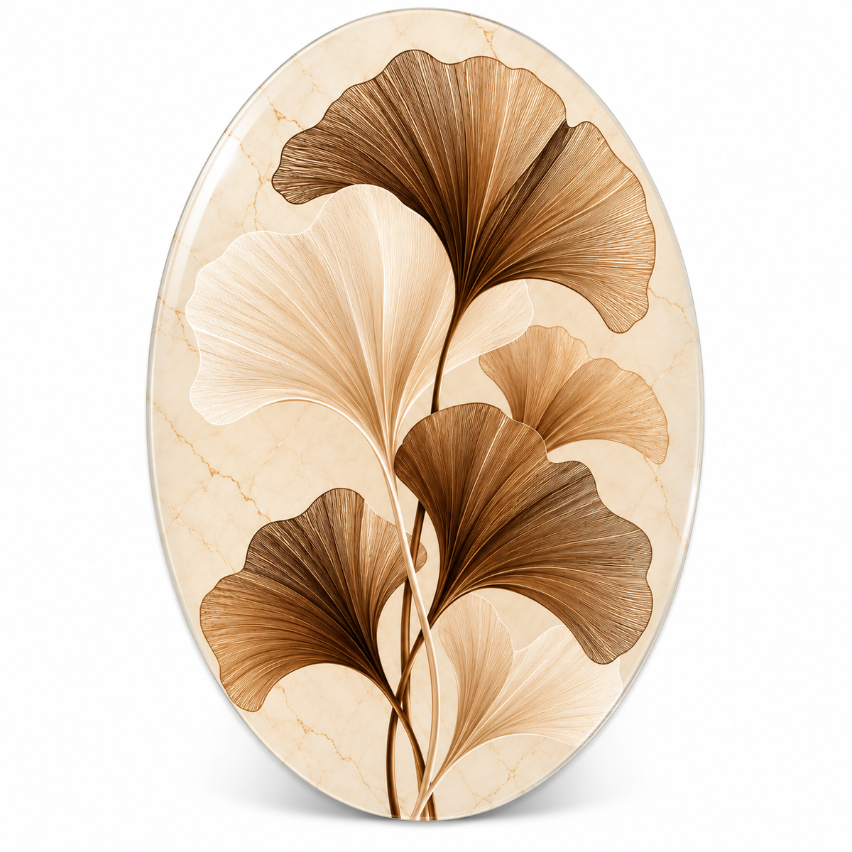 Krem Mermer Zeminli Bronz Ginkgo Dikey Oval Cam Tablo - Beyaz zemin vitrin