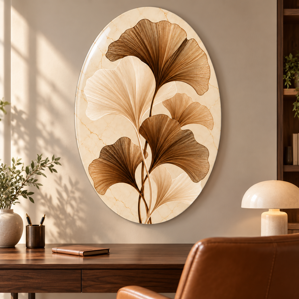 Krem Mermer Zeminli Bronz Ginkgo Dikey Oval Cam Tablo - Çalışma odası