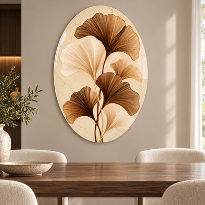 Krem Mermer Zeminli Bronz Ginkgo Dikey Oval Cam Tablo - Yemek odası