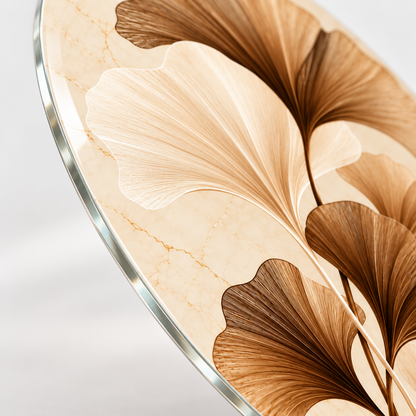 Krem Mermer Zeminli Bronz Ginkgo Dikey Oval Cam Tablo - 4 mm ince cam kenarı