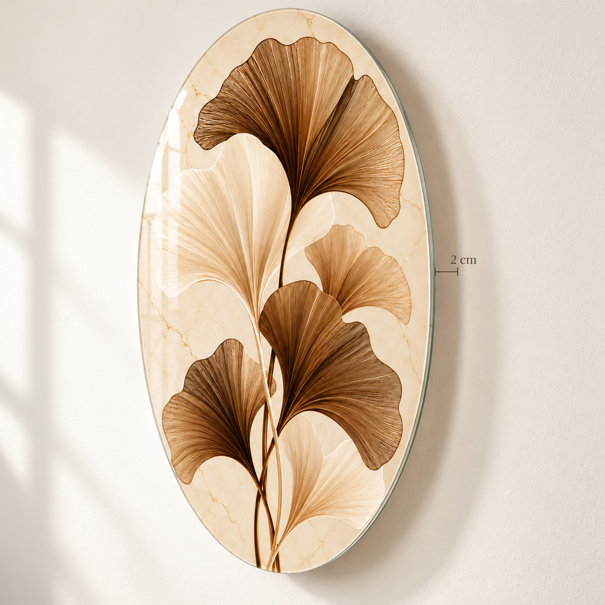 Krem Mermer Zeminli Bronz Ginkgo Dikey Oval Cam Tablo - 2 cm duvar mesafesi