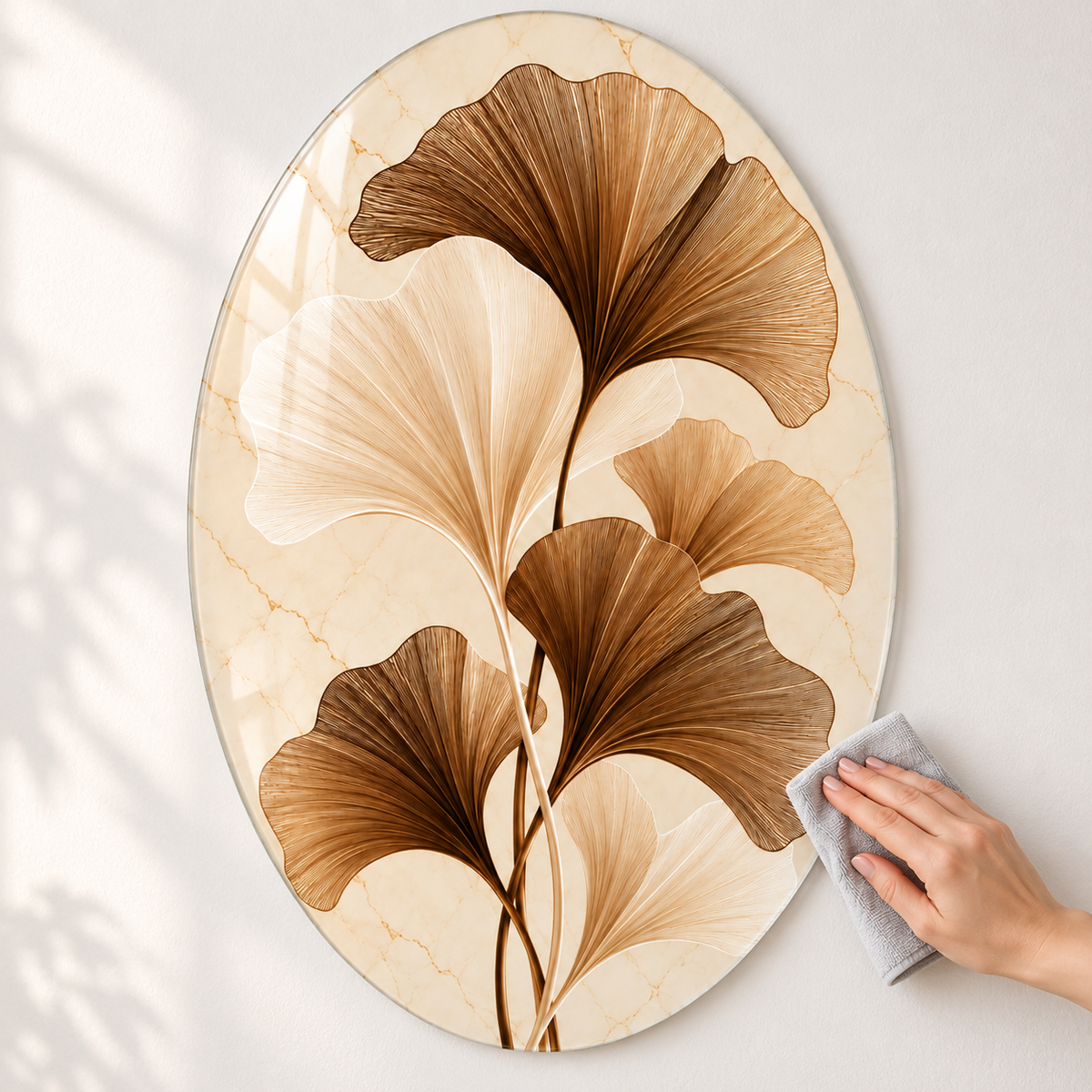 Krem Mermer Zeminli Bronz Ginkgo Dikey Oval Cam Tablo - Kolay temizlik