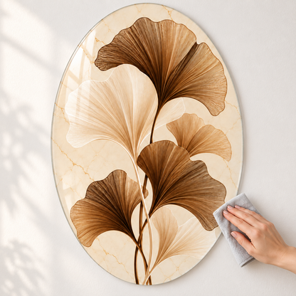 Krem Mermer Zeminli Bronz Ginkgo Dikey Oval Cam Tablo - Kolay temizlik