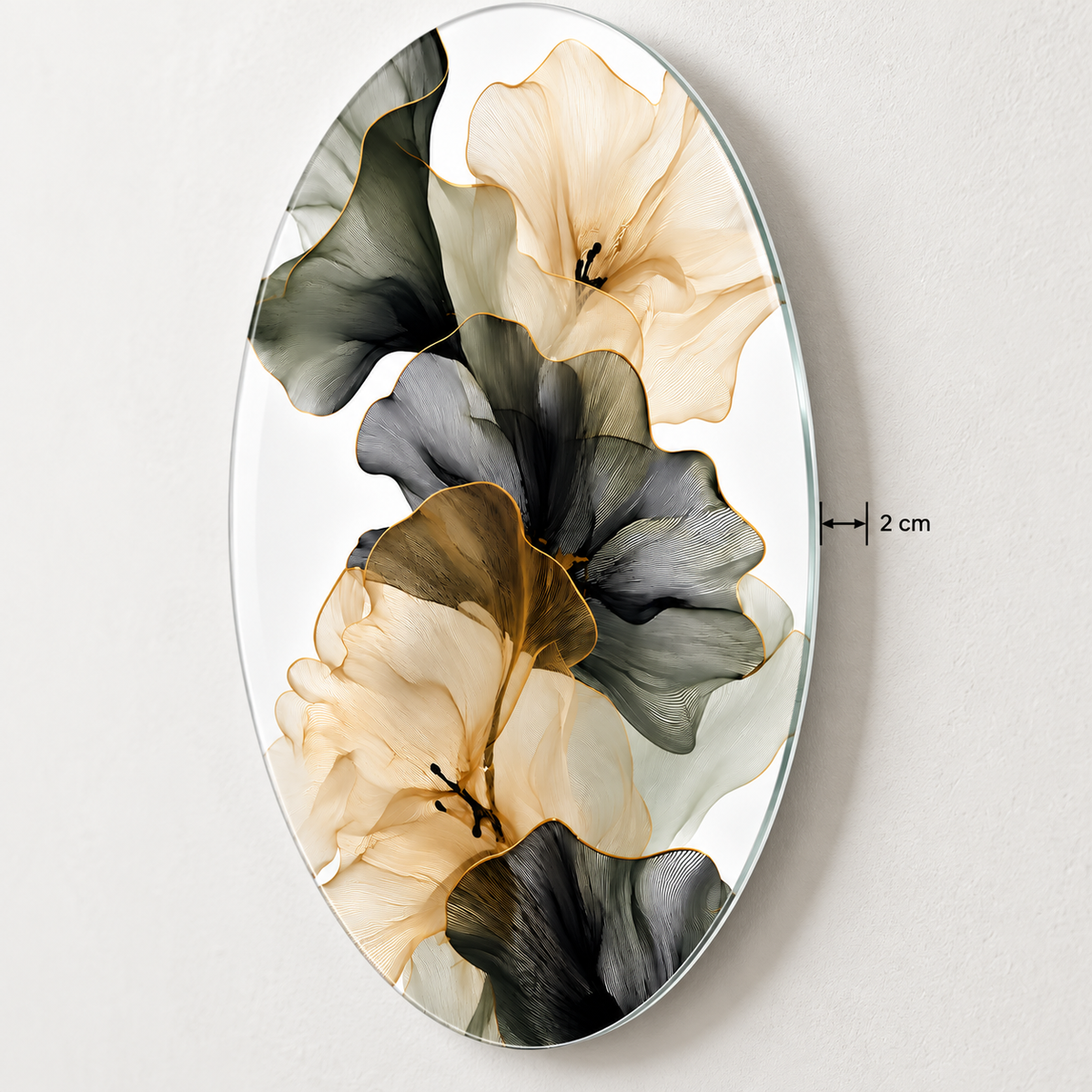 Krem Zeytin Yeşili Altın Çizgili Çiçekler Dikey Oval Cam Tablo - 2 cm duvar mesafesi