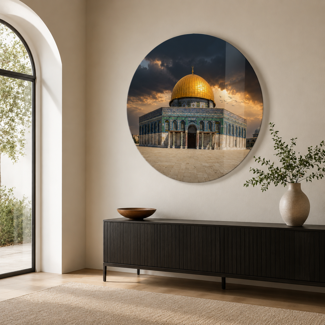 Kubbetü's-Sahra Yuvarlak Cam Tablo modern antre mockup - CAMDEKO