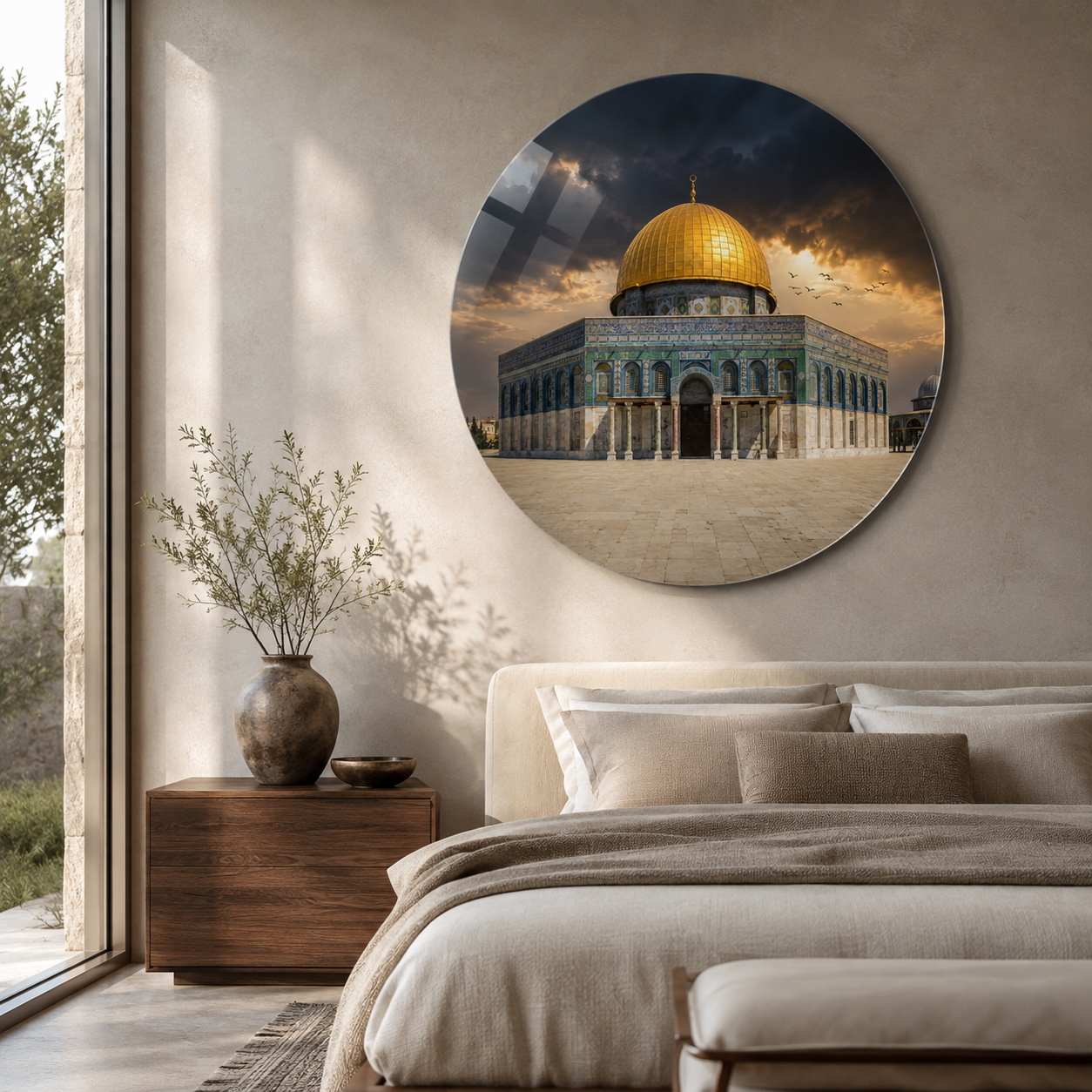 Kubbetü's-Sahra Yuvarlak Cam Tablo yatak odası mockup - CAMDEKO