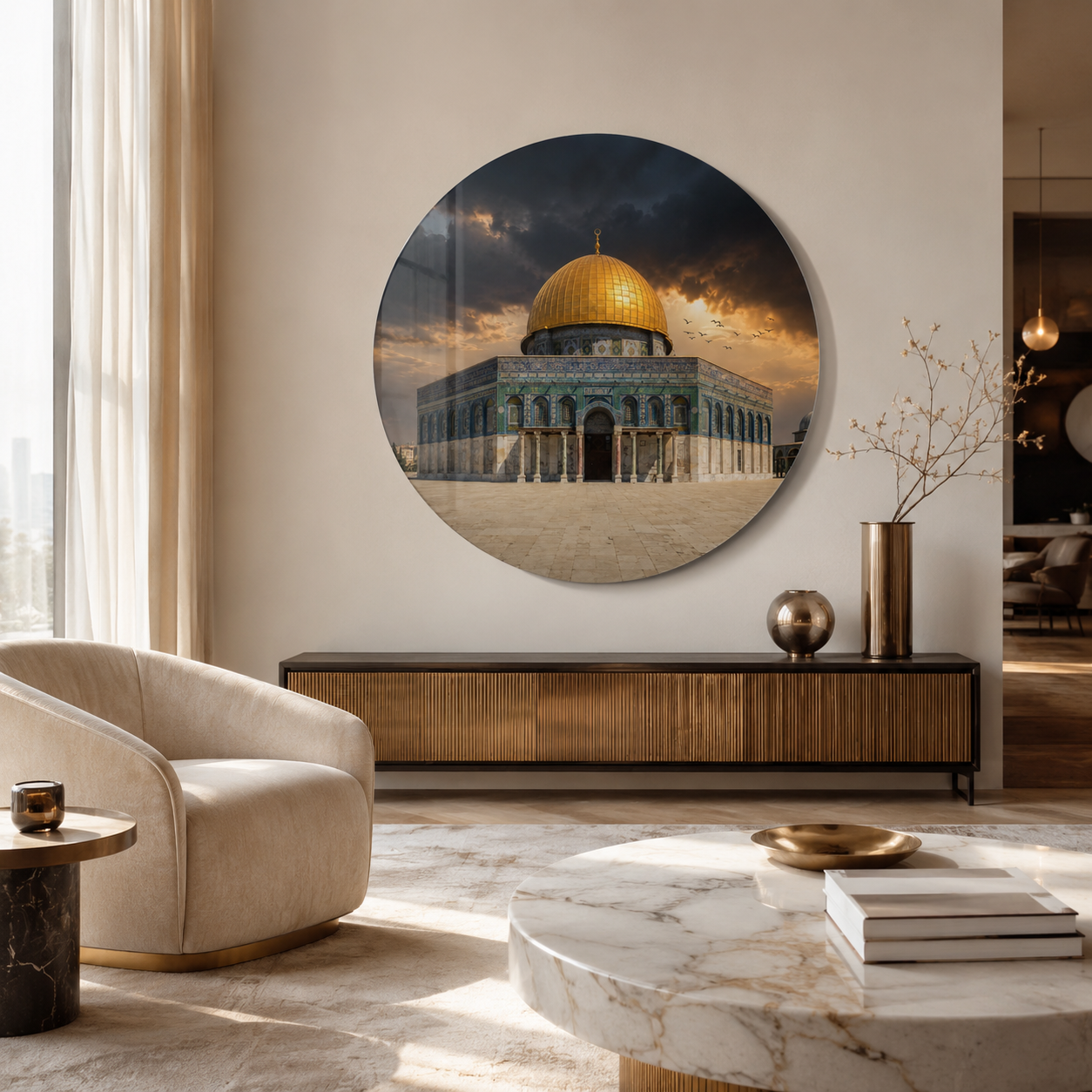 Kubbetü's-Sahra Yuvarlak Cam Tablo zarif salon mockup - CAMDEKO