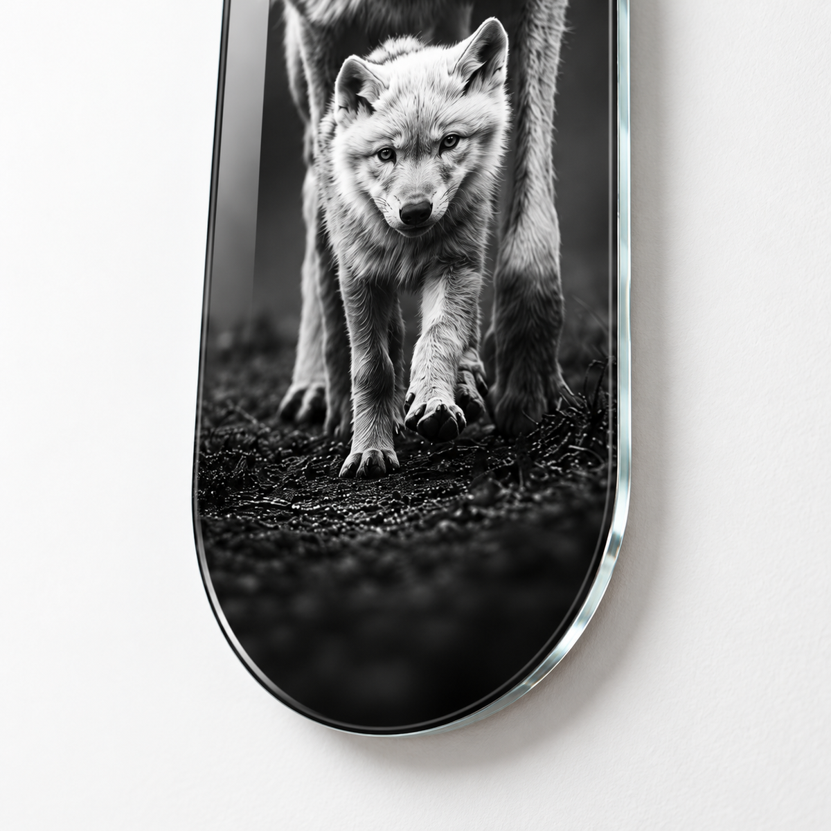 Kurt ve Yavrusu Dikey Skate Board Cam Tablo – Yuvarlatılmış cam kenar detayı