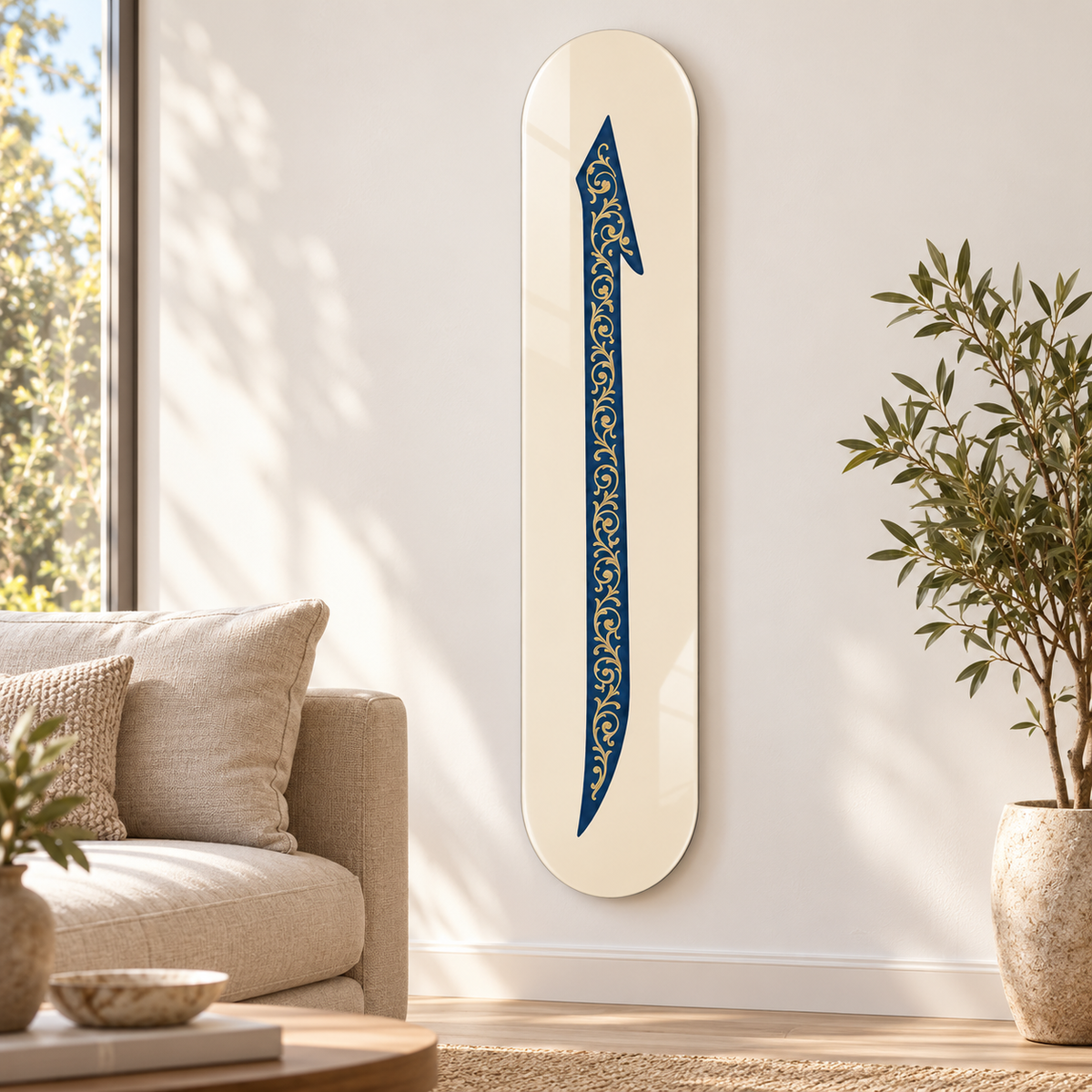 Lacivert Altın İşlemeli Elif Dikey Skate Board Cam Tablo – Salon