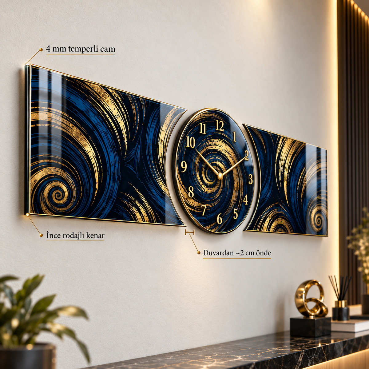 Lacivert altın spiral saatli şekilli kesim cam saat seti 4 mm ince cam ve duvar mesafesi detayı