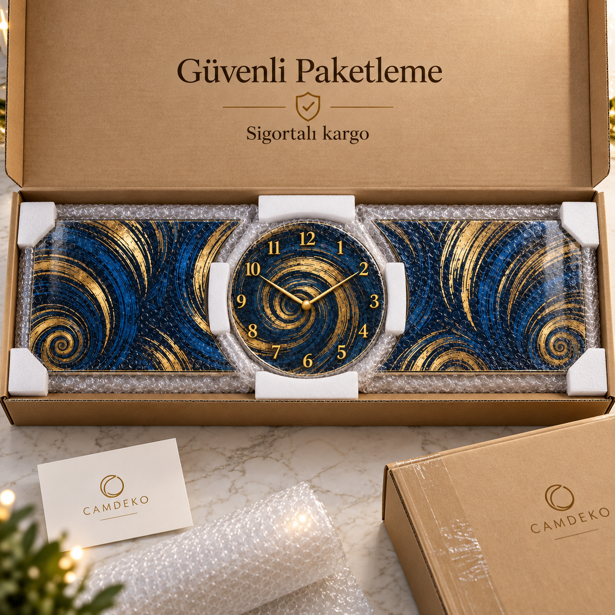 Lacivert altın spiral saatli şekilli kesim cam saat seti güvenli paketleme ve sigortalı kargo görünümü