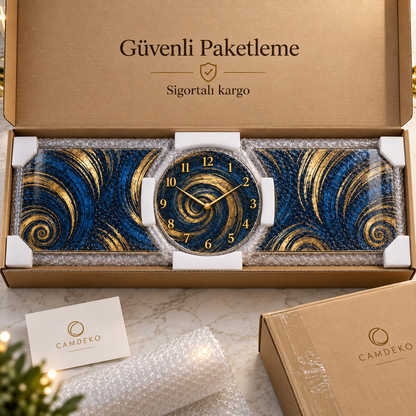 Lacivert altın spiral saatli şekilli kesim cam saat seti güvenli paketleme ve sigortalı kargo görünümü