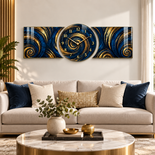 Lacivert altın spiral saatli şekilli kesim cam saat seti salon görünümü