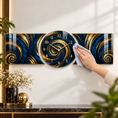 Lacivert altın spiral saatli şekilli kesim cam saat seti kolay temizlik detayı