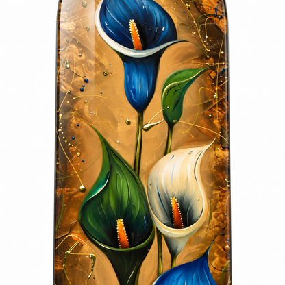 Lacivert ve Zeytin Yeşili Gala Çiçekleri Dikey Skate Board Cam Tablo – UV baskı detayı
