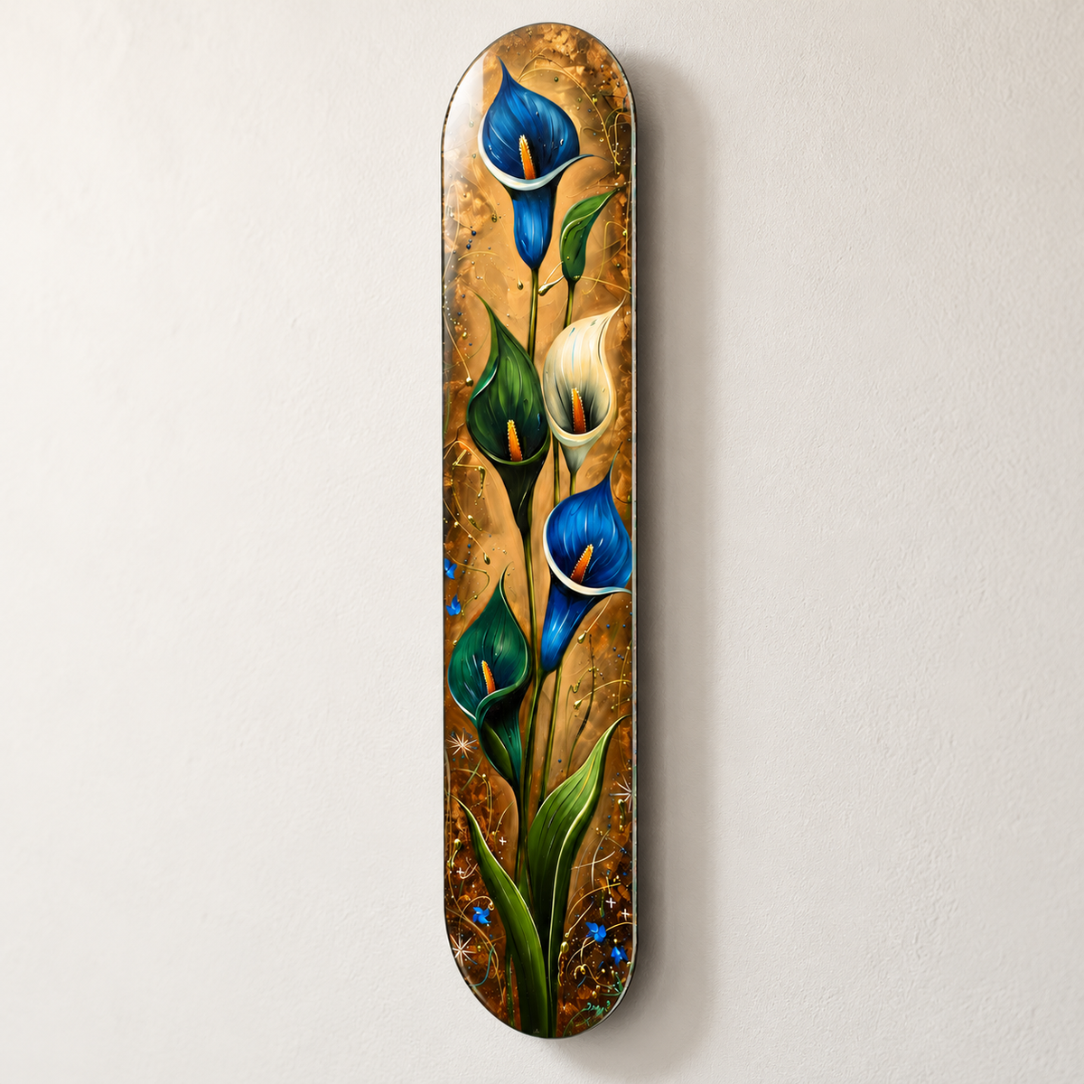 Lacivert ve Zeytin Yeşili Gala Çiçekleri Dikey Skate Board Cam Tablo – Duvar mesafesi