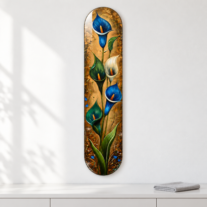 Lacivert ve Zeytin Yeşili Gala Çiçekleri Dikey Skate Board Cam Tablo – Mikrofiber bezle bakım