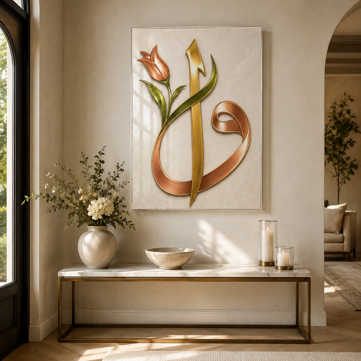 Lale motifli gold Vav dikey cam tablo antre mockup