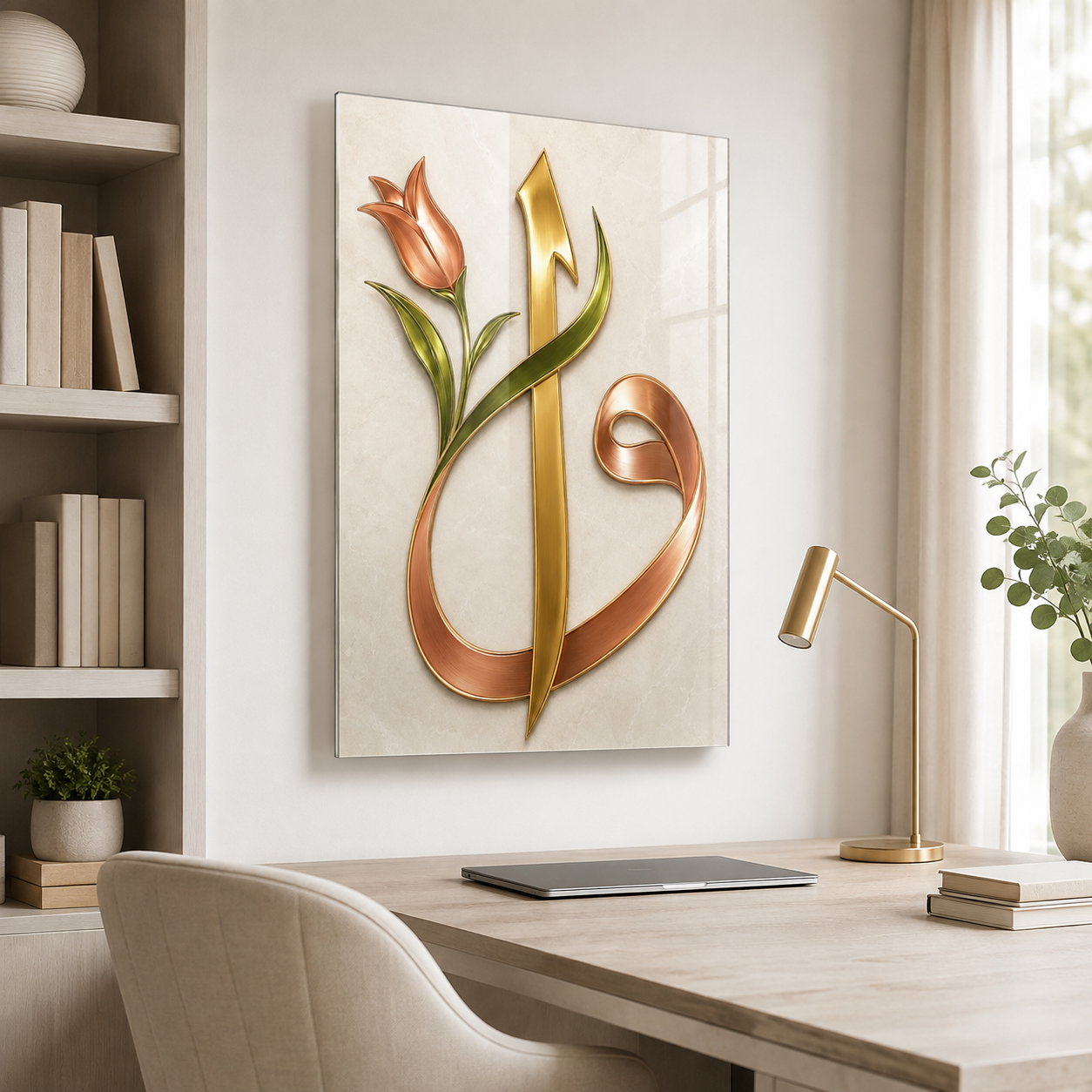 Lale motifli gold Vav dikey cam tablo modern çalışma odası mockup