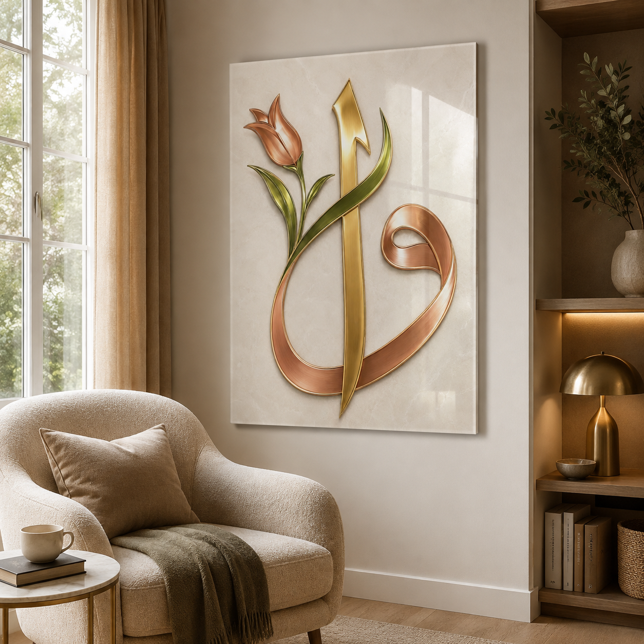 Lale motifli gold Vav dikey cam tablo okuma köşesi mockup