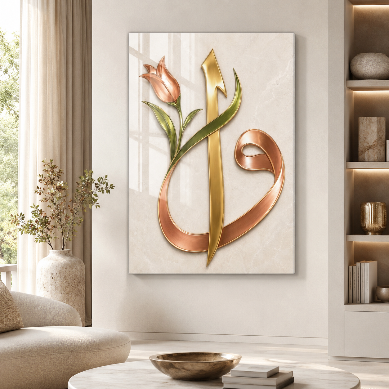Lale motifli gold Vav dikey cam tablo modern salon mockup