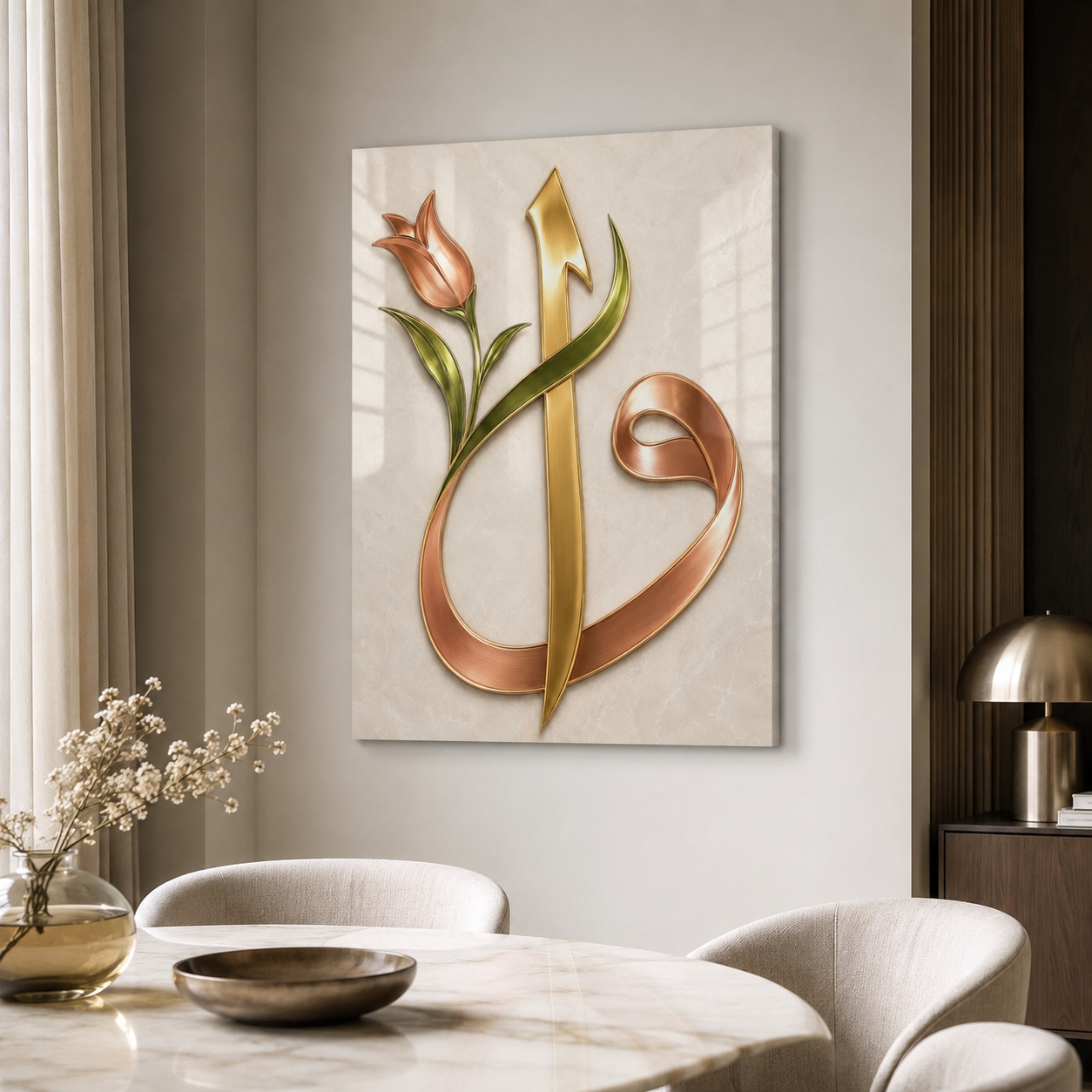 Lale motifli gold Vav dikey cam tablo yemek alanı mockup