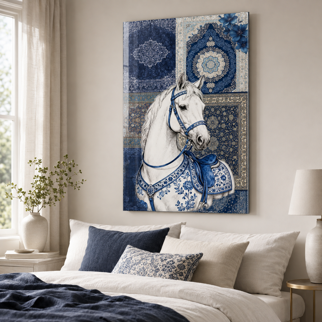 Mavi çini desenli beyaz at dikey cam tablo yatak odası mockup