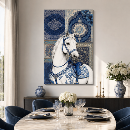 Mavi çini desenli beyaz at dikey cam tablo yemek odası mockup