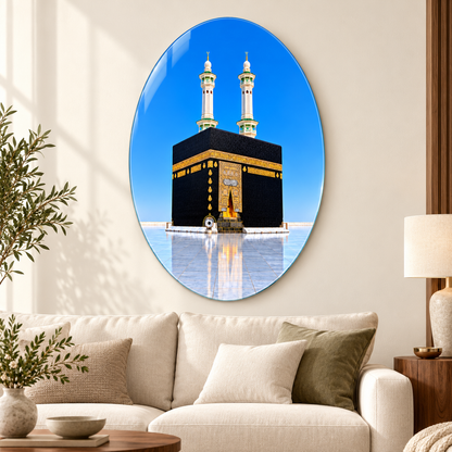 Mavi Gökyüzü ve İki Minareli Kâbe Dikey Oval Cam Tablo - Premium salon