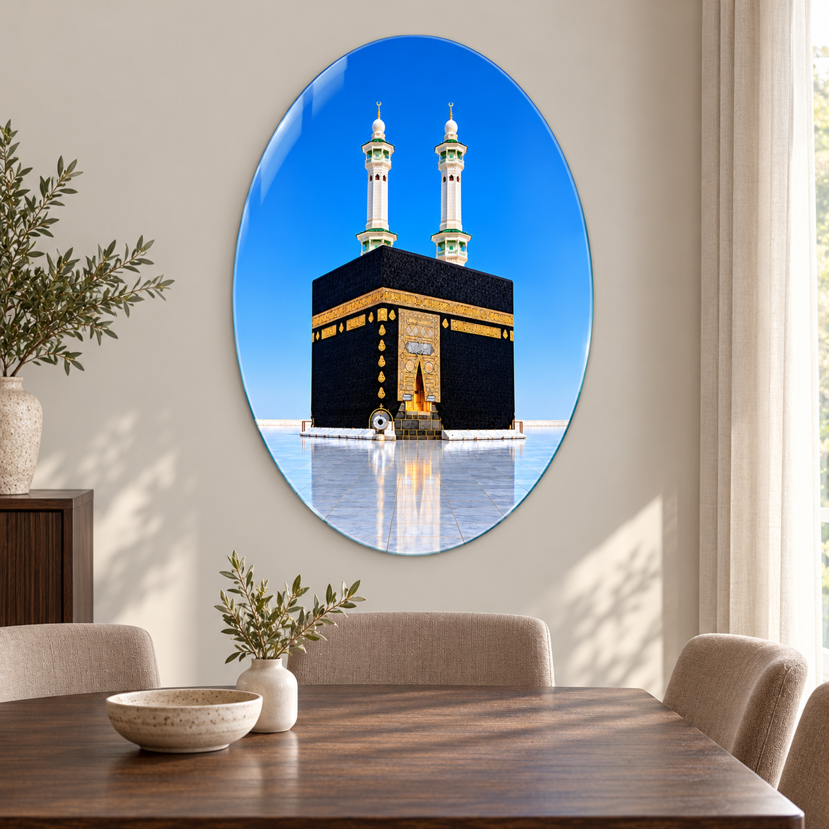 Mavi Gökyüzü ve İki Minareli Kâbe Dikey Oval Cam Tablo - Yemek odası