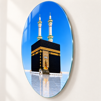 Mavi Gökyüzü ve İki Minareli Kâbe Dikey Oval Cam Tablo - 2 cm duvar mesafesi