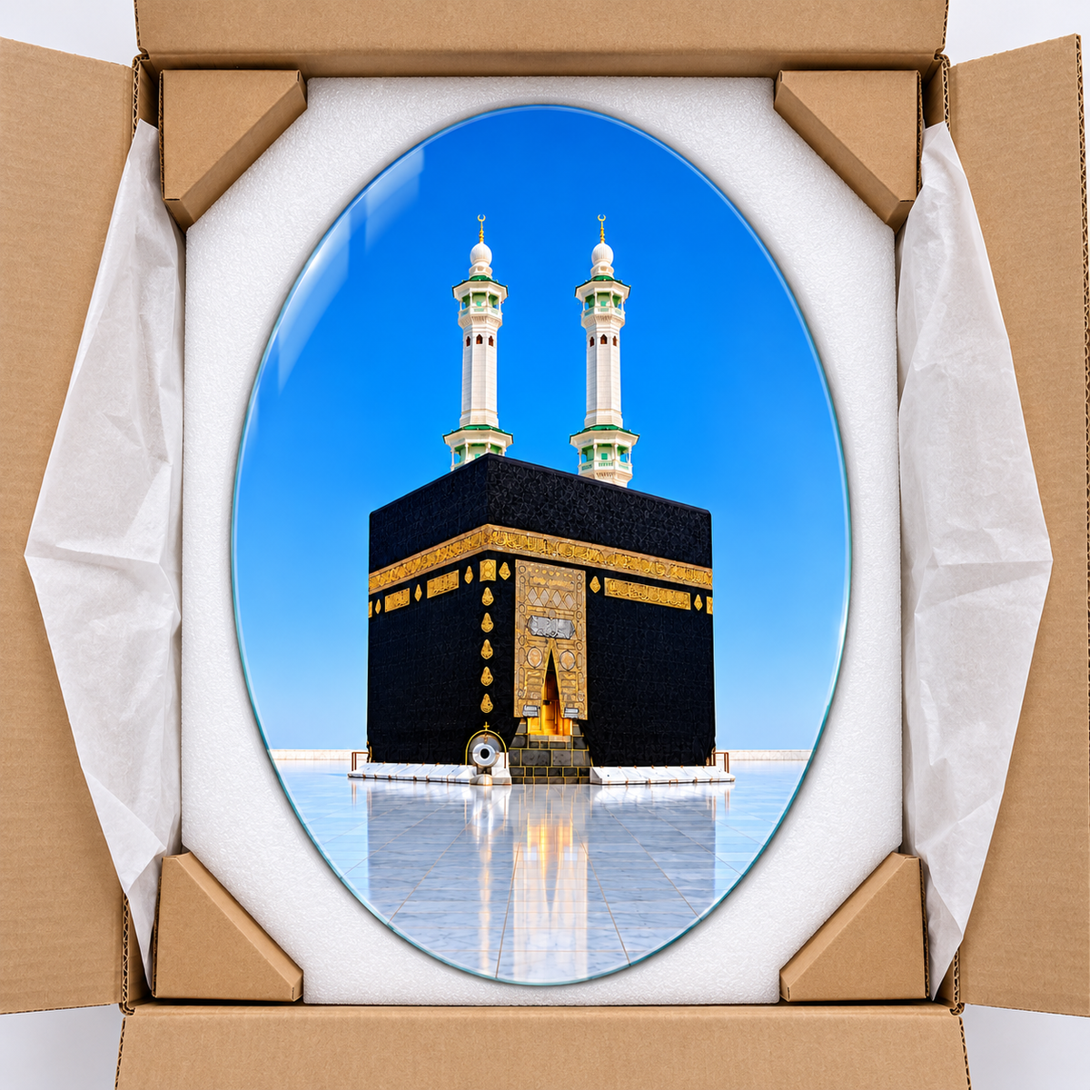 Mavi Gökyüzü ve İki Minareli Kâbe Dikey Oval Cam Tablo - Koruyucu paketleme