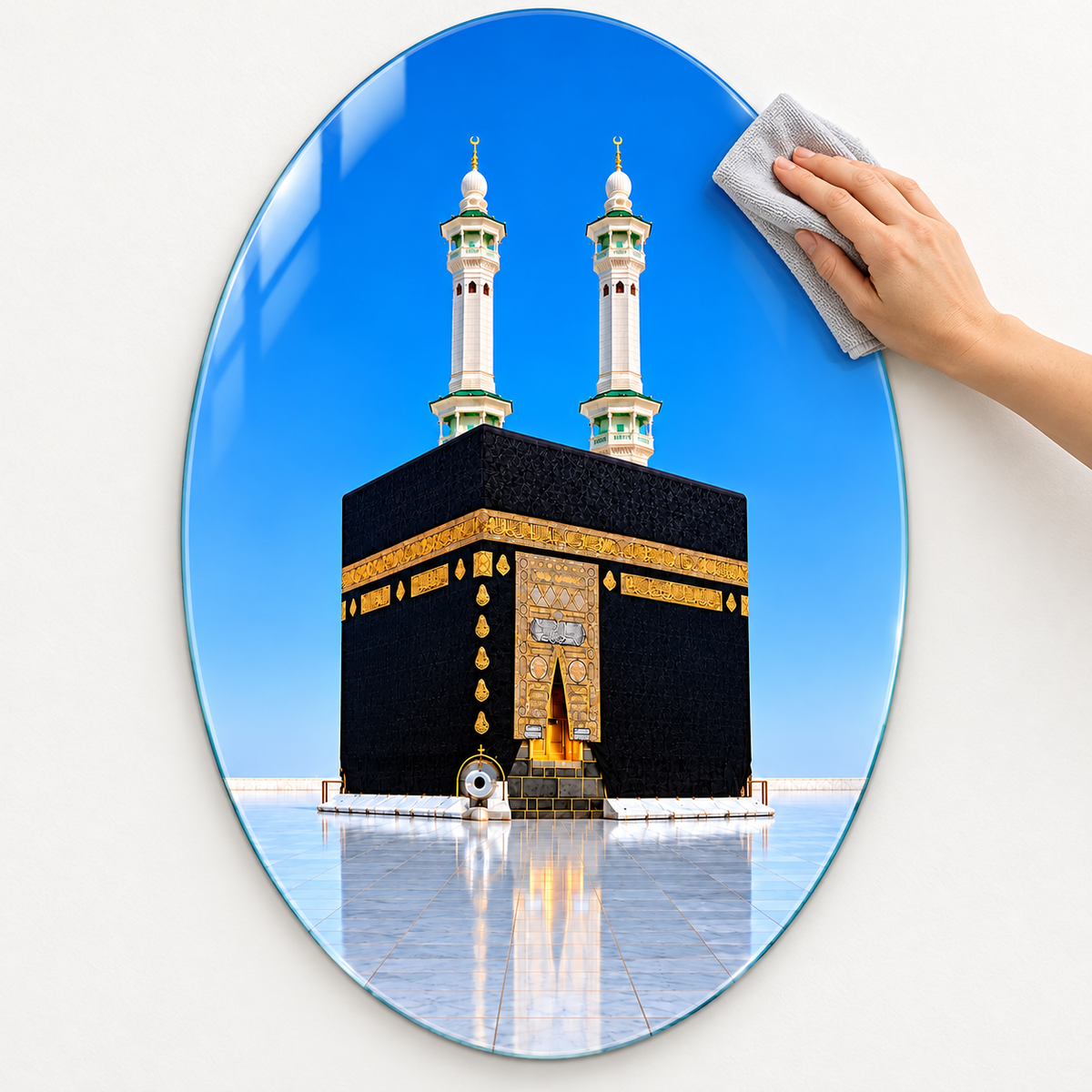 Mavi Gökyüzü ve İki Minareli Kâbe Dikey Oval Cam Tablo - Kolay temizlik