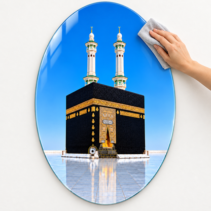 Mavi Gökyüzü ve İki Minareli Kâbe Dikey Oval Cam Tablo - Kolay temizlik