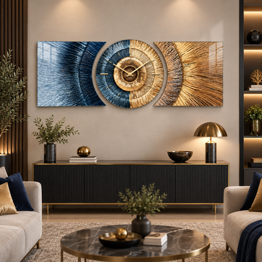 Mavi gold üç parçalı CAMDEKO cam saat seti modern premium salon duvarında
