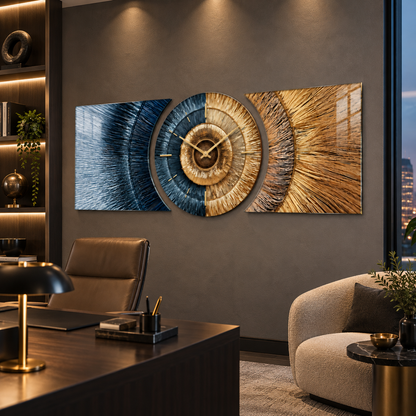 Mavi gold üç parçalı şekilli kesim cam saat seti modern yönetici ofisi duvarında