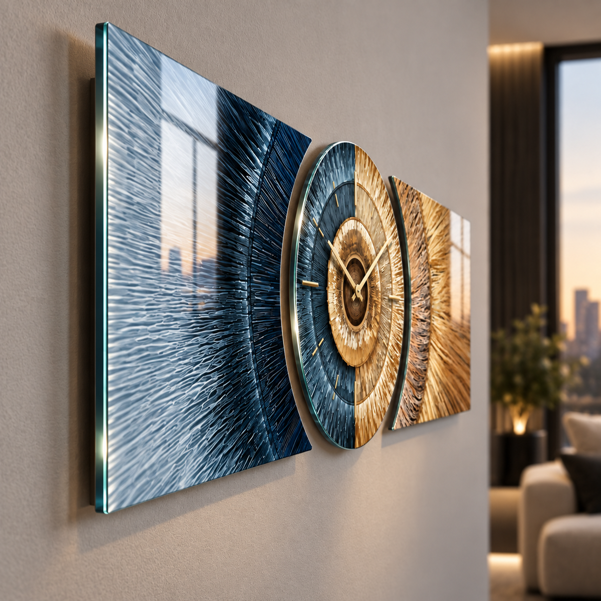 Mavi gold üç parçalı cam saat setinin ince cam kenar ve yandan perspektif görünümü