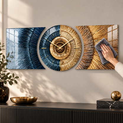 Mavi gold üç parçalı cam saat setinin yumuşak bezle kolay temizlenen parlak cam yüzey detayı